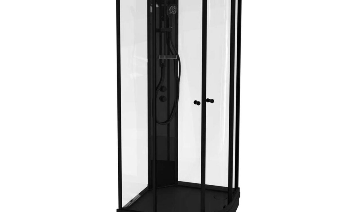 Viking Bad Sofia Pluss sort/klar 90×90 Dusjkabinett. sorte profiler, sort søyle og klare bakglass.